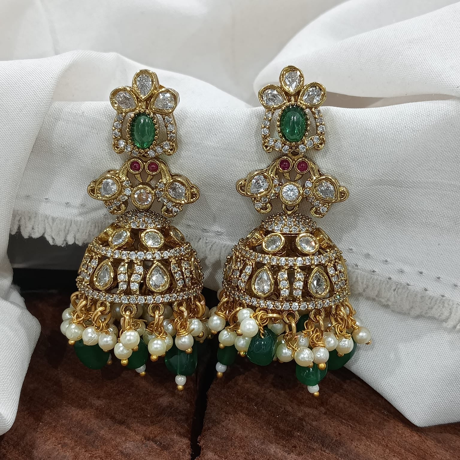 Stunning Premium Victorian AD Stone Jhumkas - Earrings- Green, Pink, Red, Mint or Red