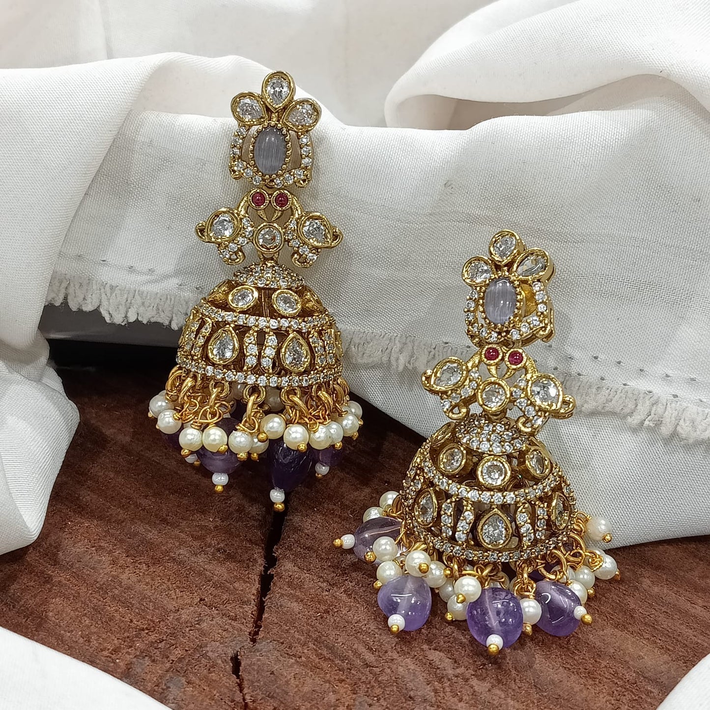 Stunning Premium Victorian AD Stone Jhumkas - Earrings- Green, Pink, Red, Mint or Red