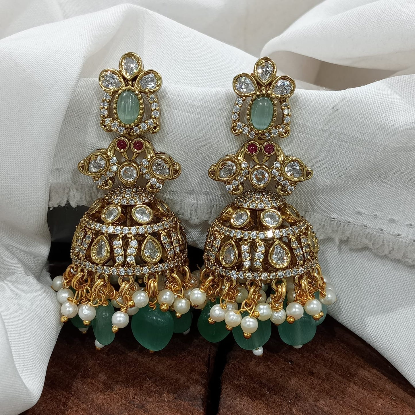 Stunning Premium Victorian AD Stone Jhumkas - Earrings- Green, Pink, Red, Mint or Red