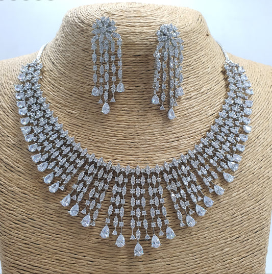 Stylish and Trendy Cz Stone Choker Necklace Set -Silver Finish