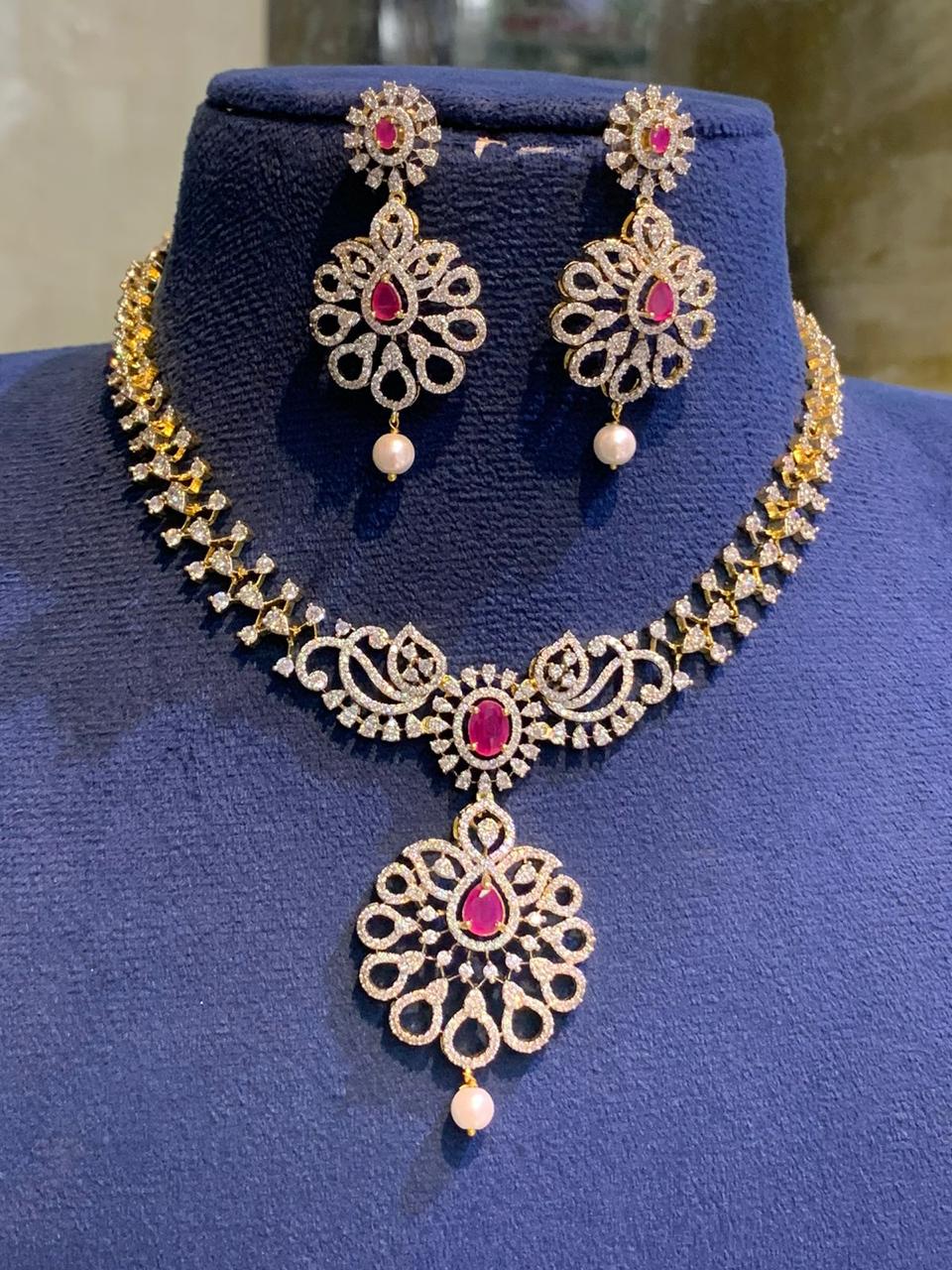 Stylish and Trendy Cz Stone GJ Polish Necklace Set With Earrings