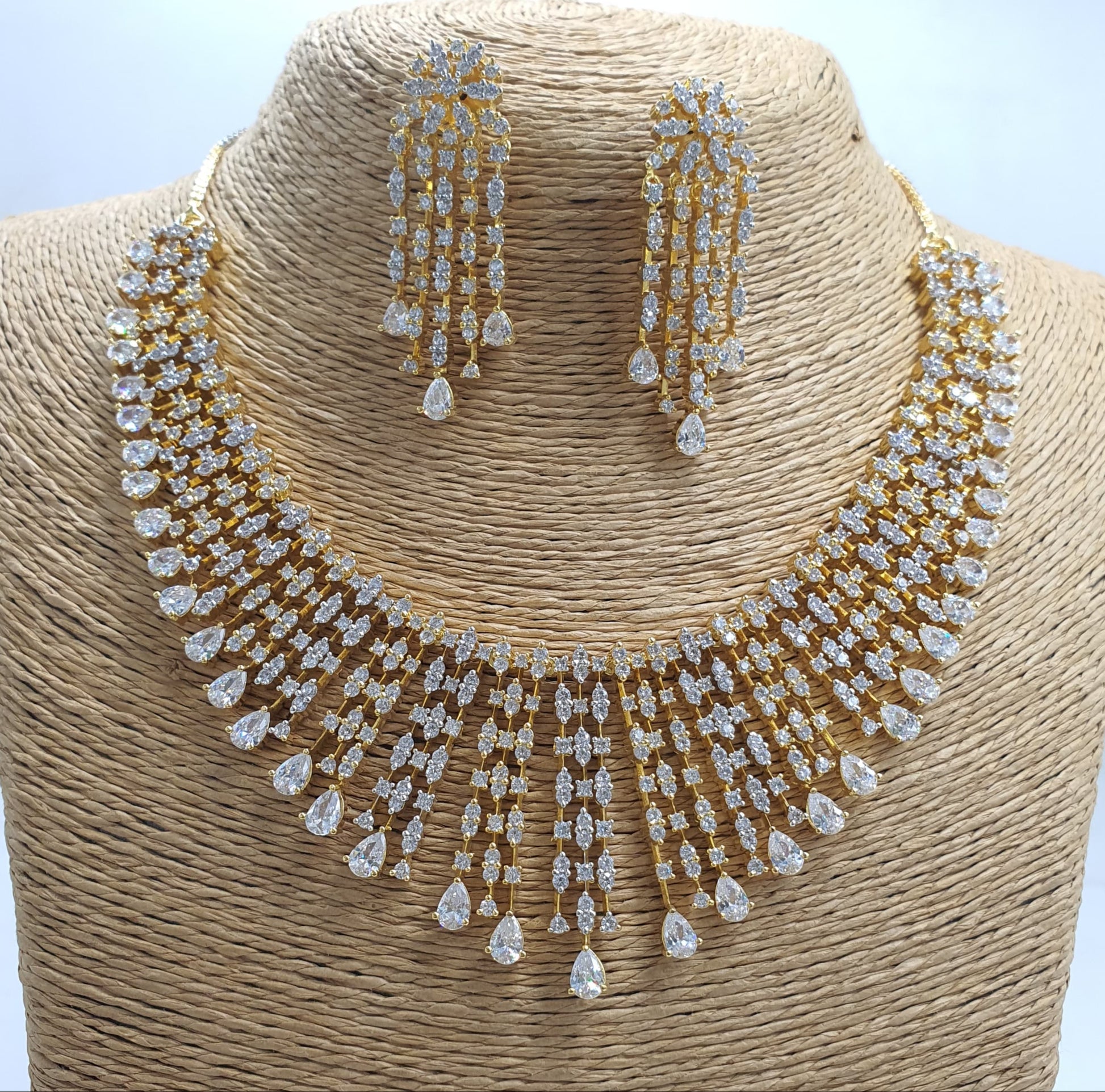 Stylish and Trendy Premium Cz Stone Choker Necklace Set -Gold Finish