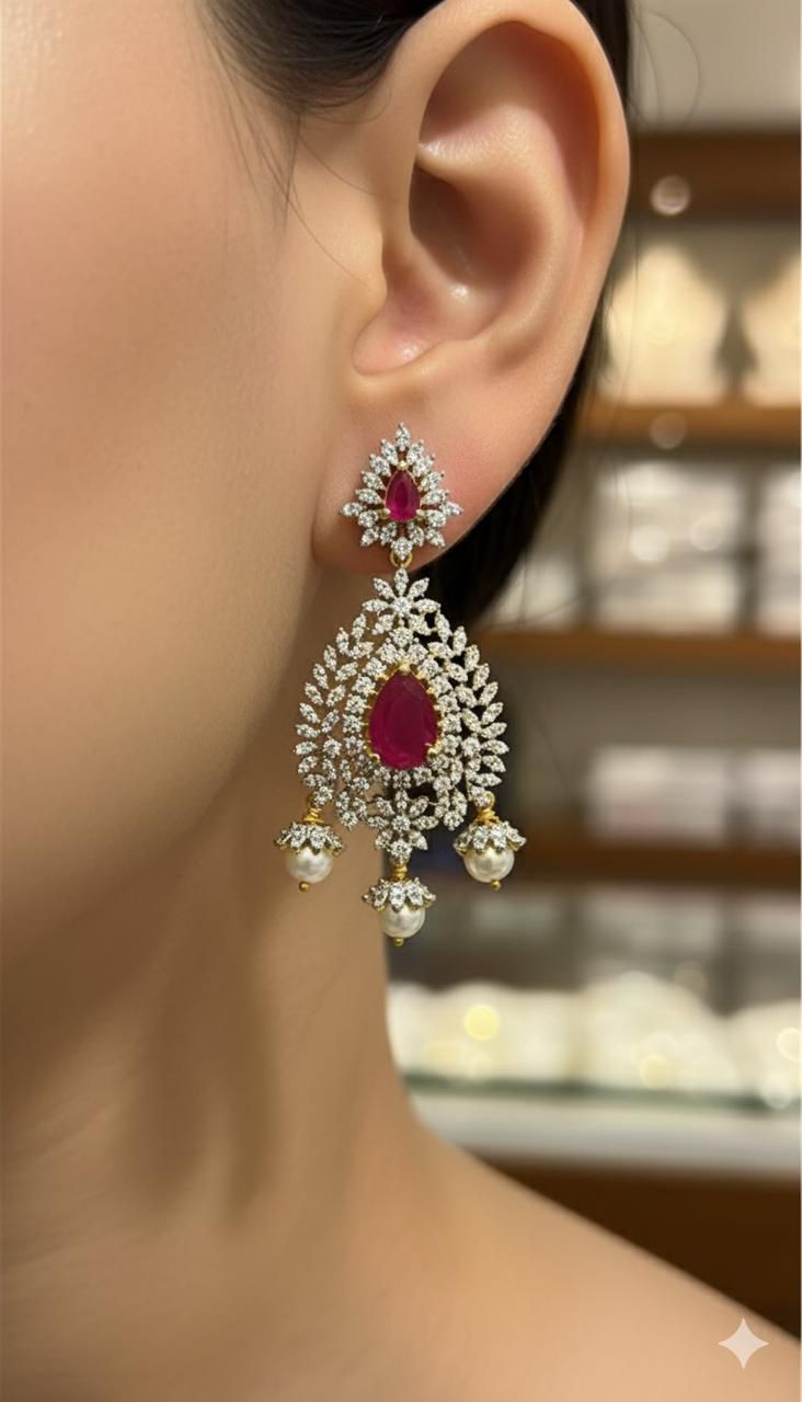 Super-Cute Classy Cz Stone GJ Polish Pearl Drops Jhumkas