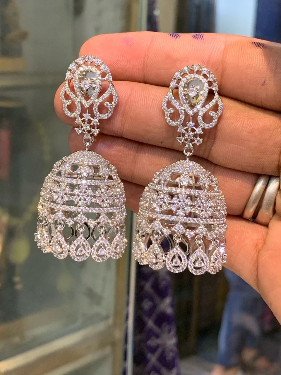 Super-Cute Classy Cz stone Silver Polish  Jhumkas