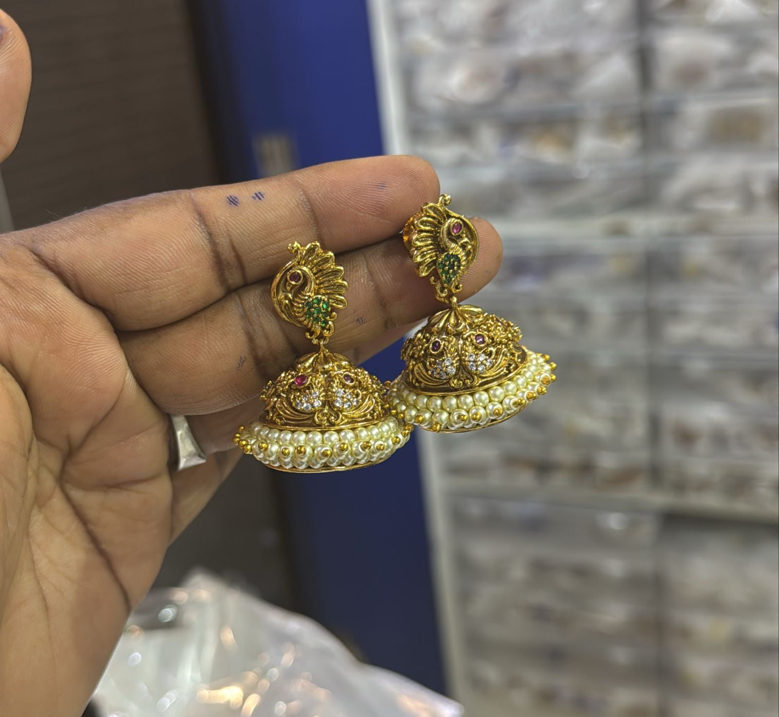 Super Cute Matte Finish Kemp Stone Jhumkas Earrings - Peacock Motif