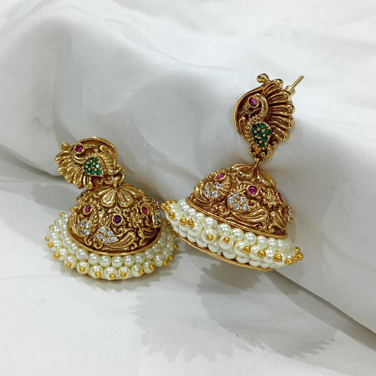 Super Cute Matte Finish Kemp Stone Jhumkas Earrings - Peacock Motif
