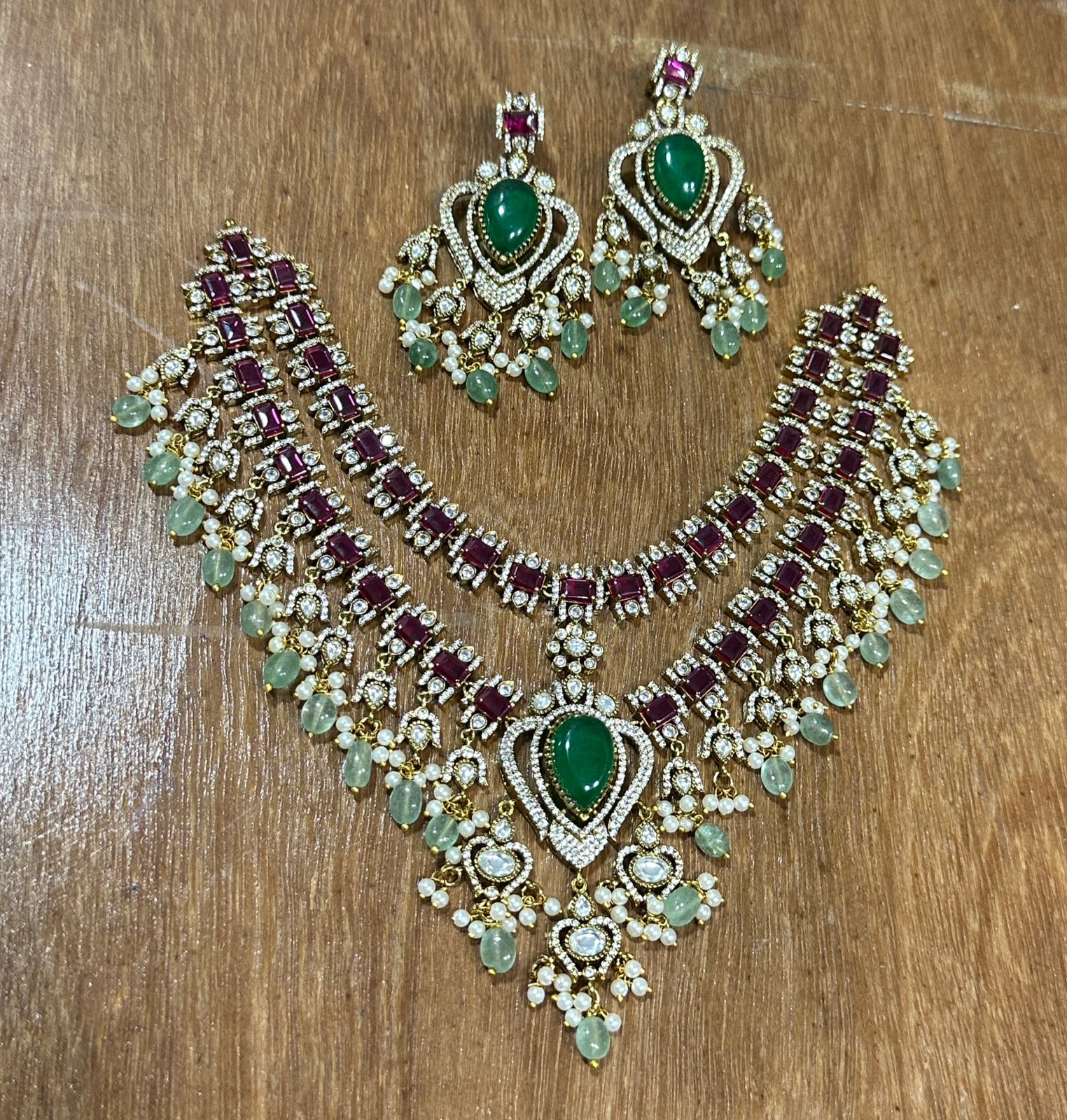 Traditional Antique Gold Finish Bridal Necklace Set With Earrings - 1 Piece