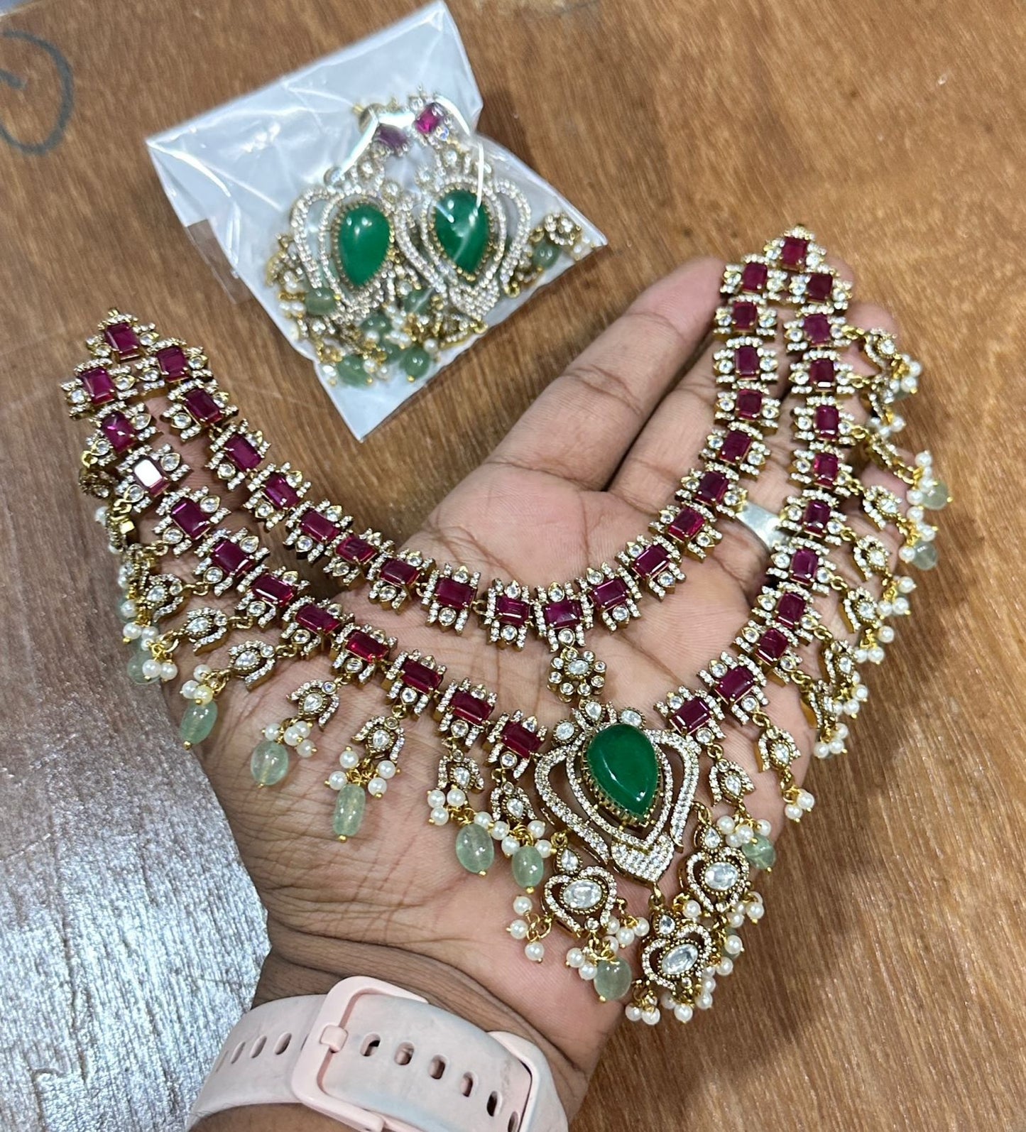 Traditional Antique Gold Finish Bridal Necklace Set With Earrings - 1 Piece