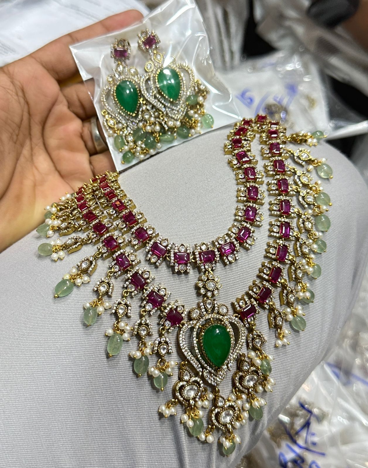 Traditional Antique Gold Finish Bridal Necklace Set With Earrings - 1 Piece