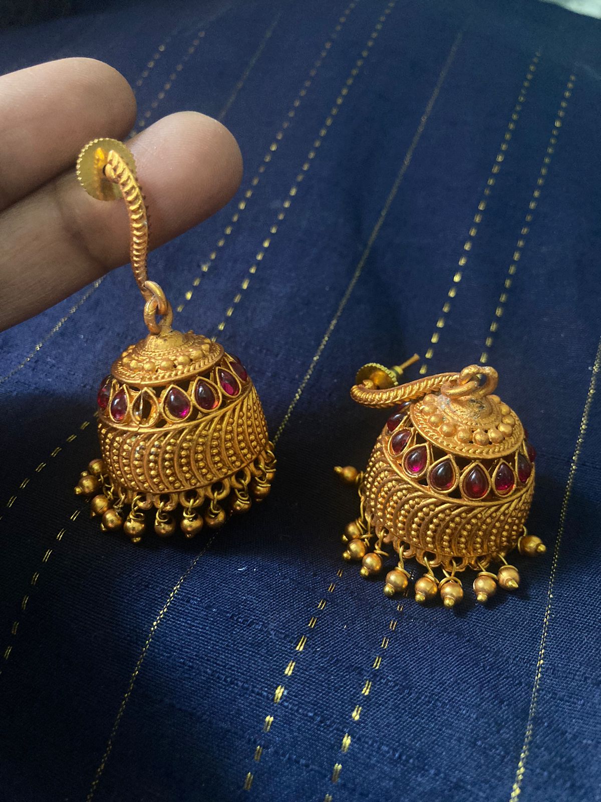 Traditional Antique Gold Plated Jhumka Earrings with Red Stones