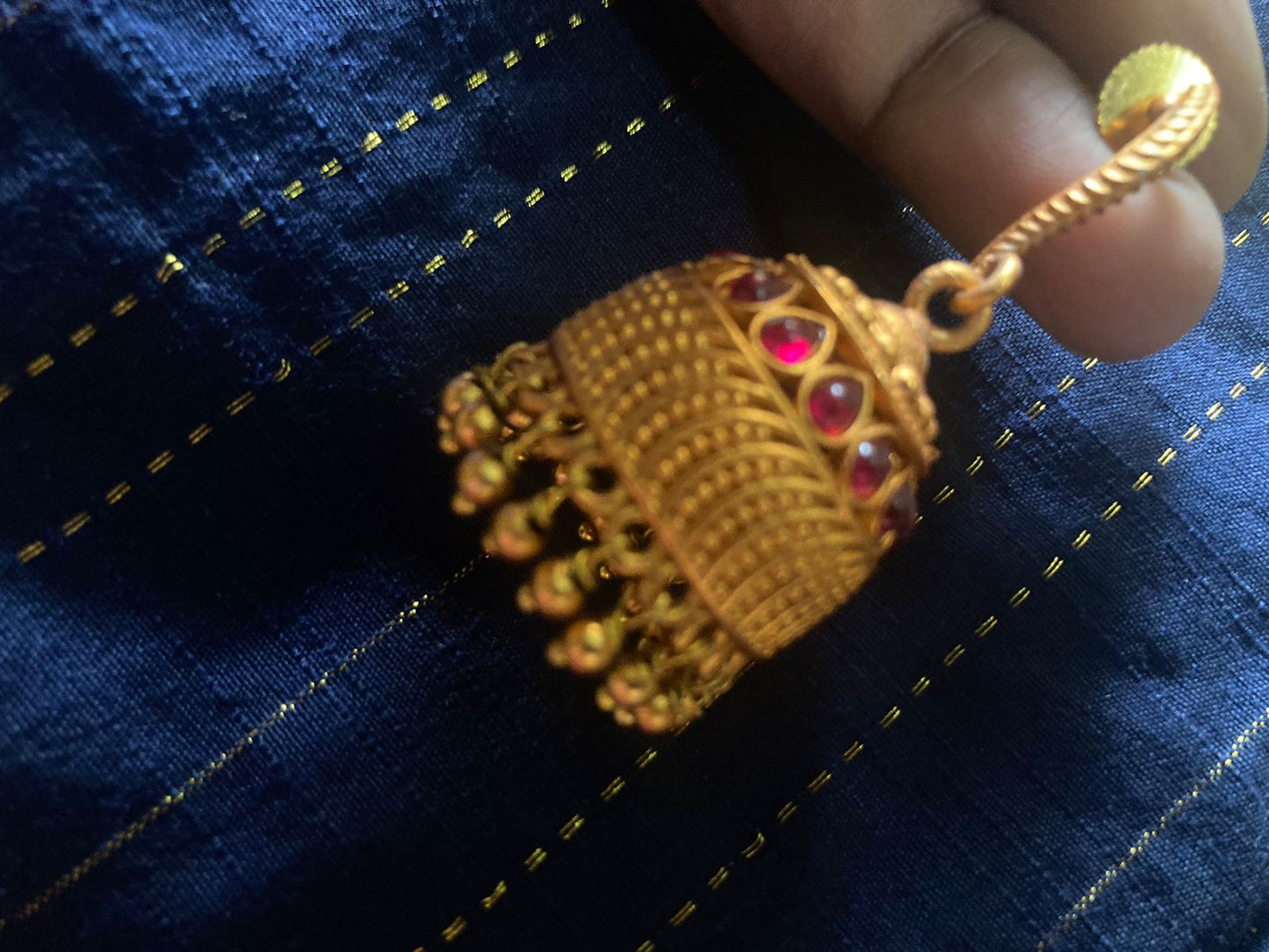 Traditional Antique Gold Plated Jhumka Earrings with Red Stones