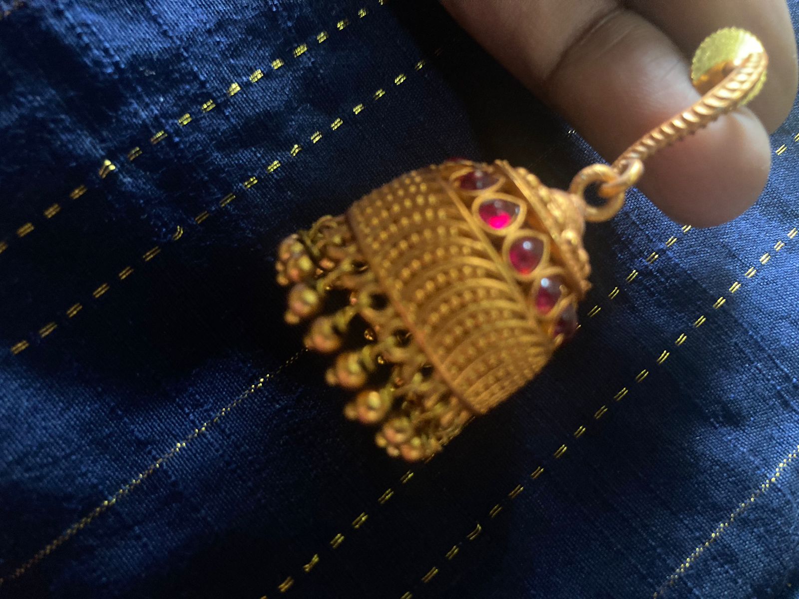 Traditional Antique Gold Plated Jhumka Earrings with Red Stones