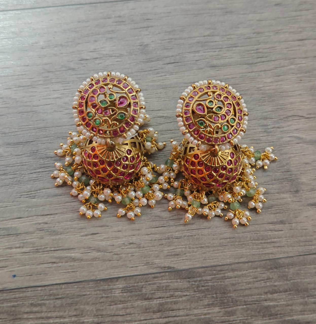 Traditional Antique Kundan Jhumka Earrings With Pearl Drops - Multicolor