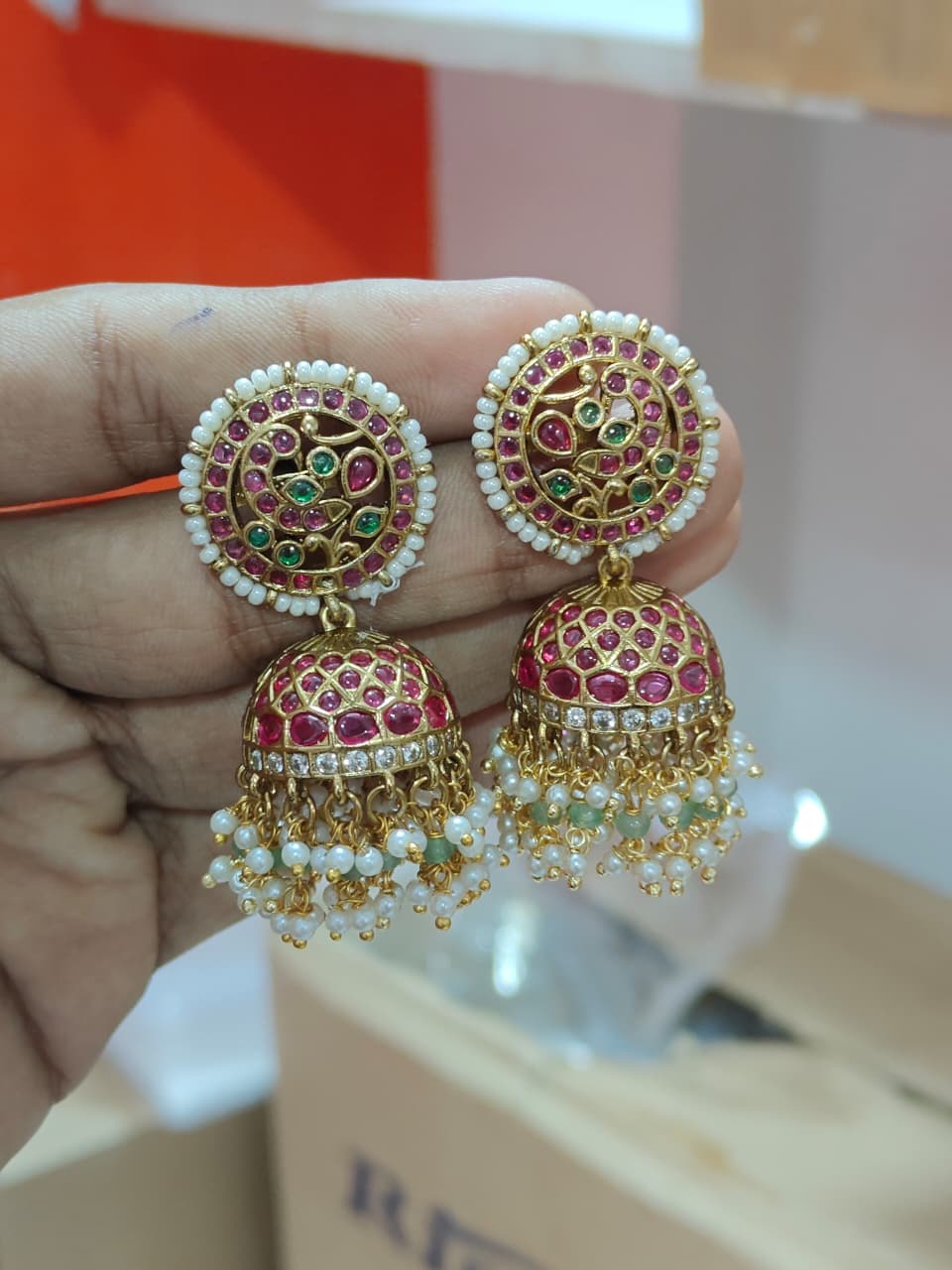 Traditional Antique Kundan Jhumka Earrings With Pearl Drops - Multicolor