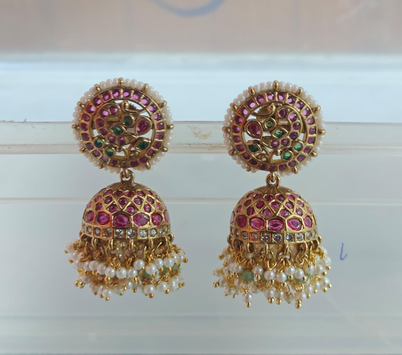 Traditional Antique Kundan Jhumka Earrings With Pearl Drops - Multicolor