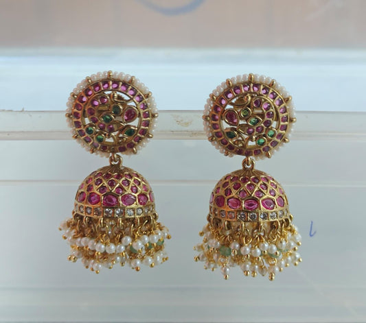 Traditional Antique Kundan Jhumka Earrings With Pearl Drops - Multicolor