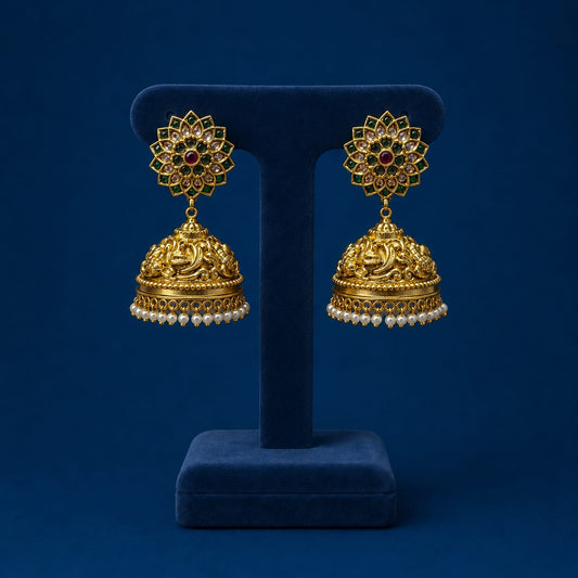 Traditional Antique Matte Finish Flower Motif Jhumka Earrings With Beads