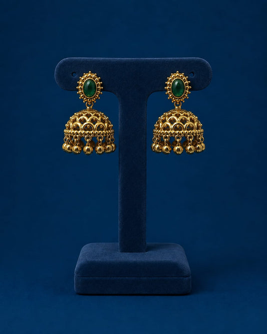Traditional Antique Matte Finish Jhumka Earrings With Beads - Green