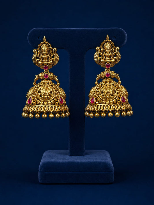 Traditional Antique Matte Finish Lakshmi Motif Jhumkas - Premium Quality