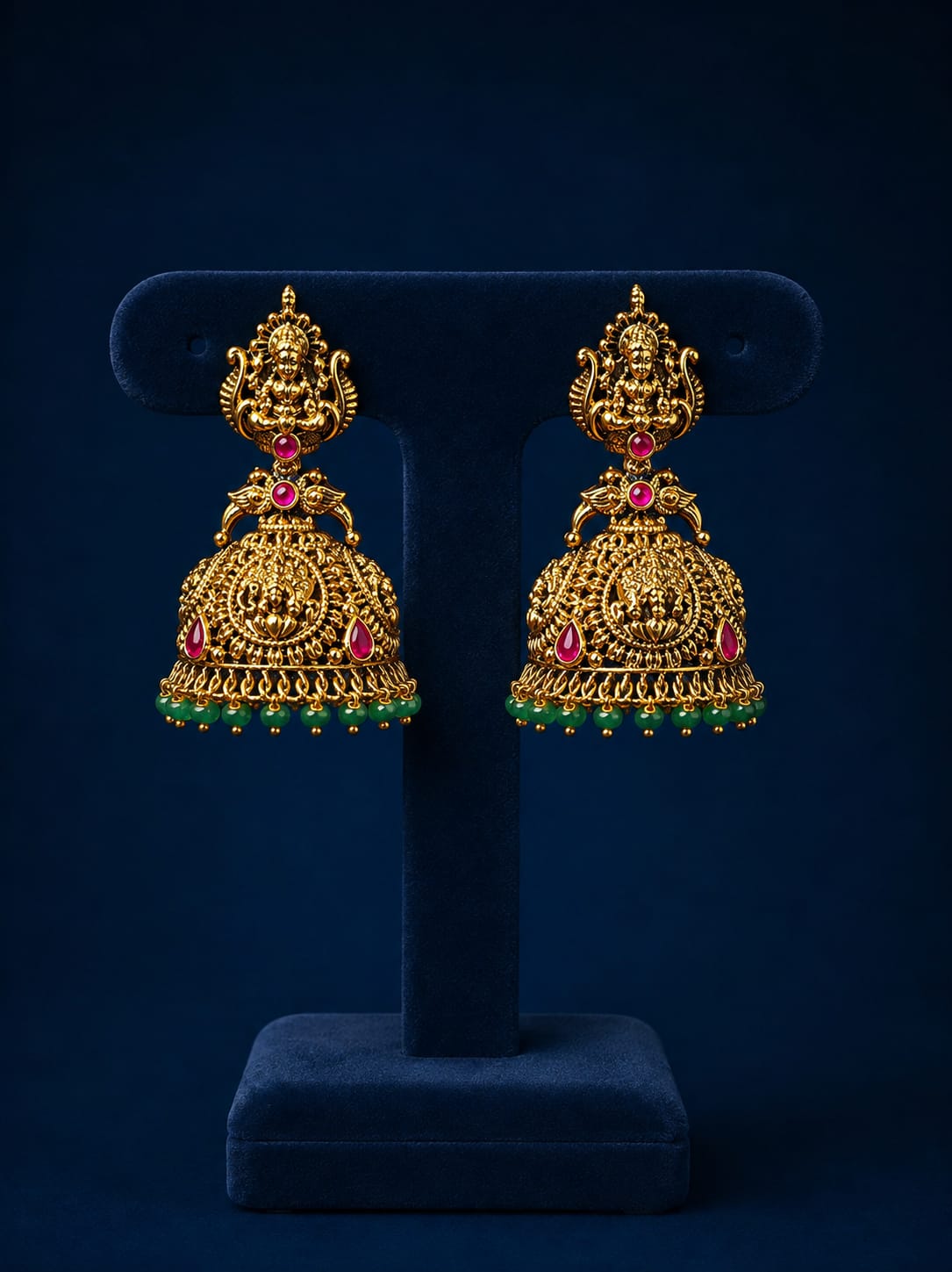 Traditional Antique Matte Finish Lakshmi Motif Jhumkas - Premium Quality