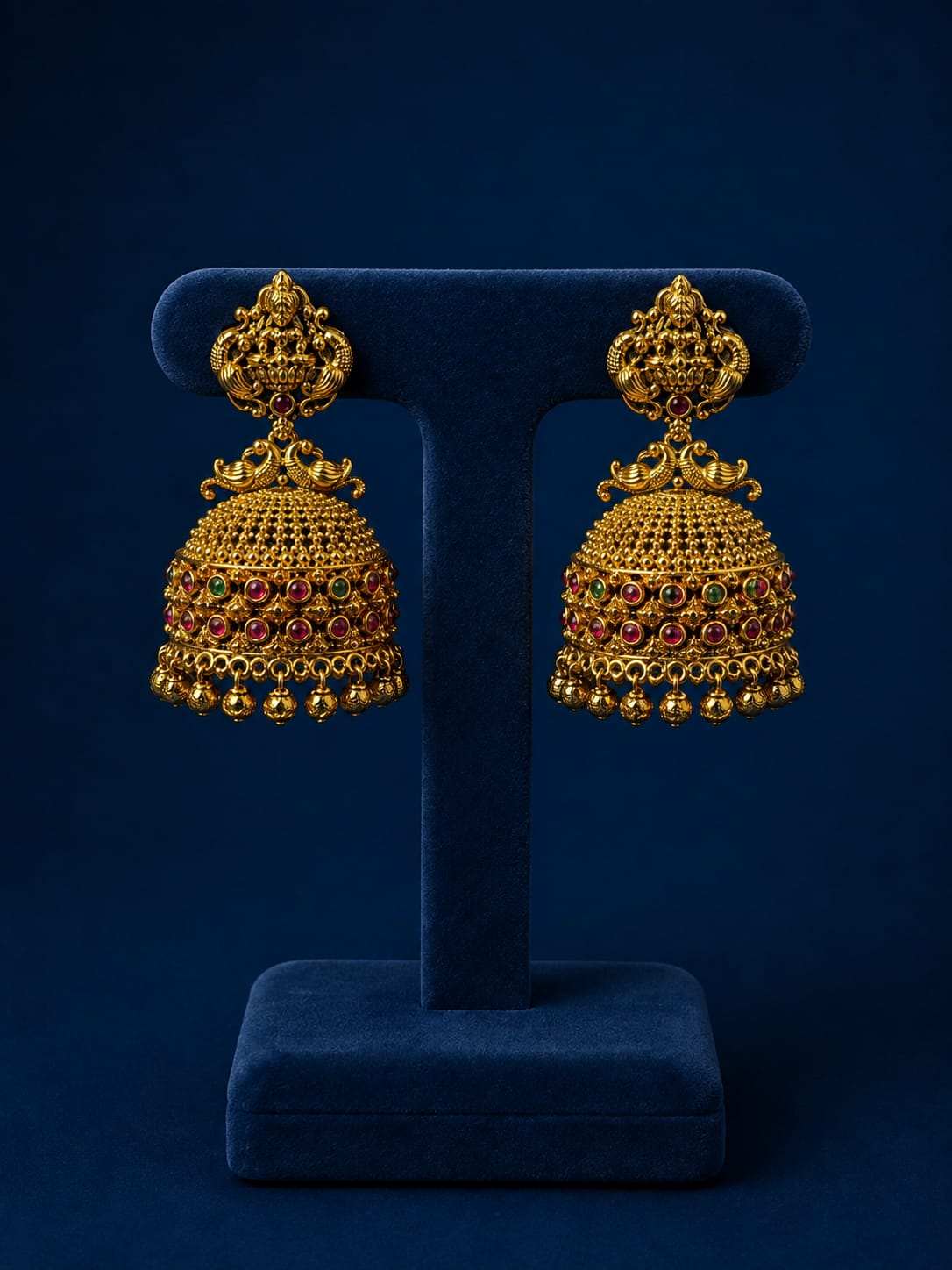 
Traditional Antique Matte Peacock & Lakshmi Jhumka Earrings - Premium Quality
