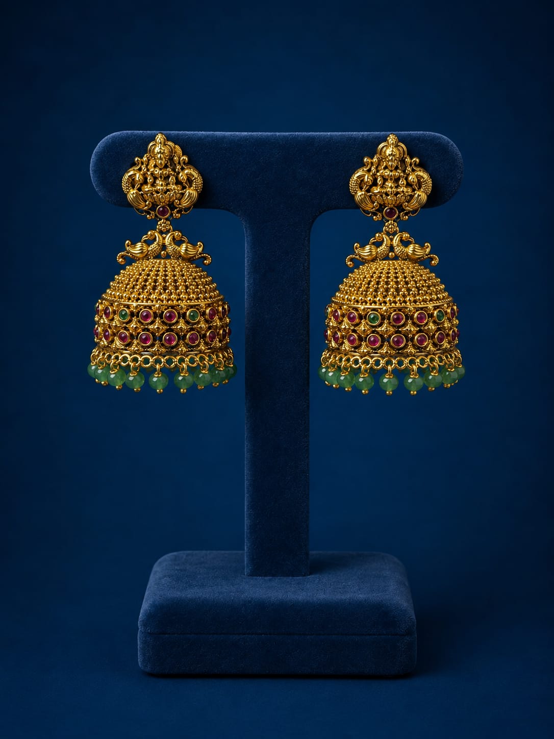 
Traditional Antique Matte Peacock & Lakshmi Jhumka Earrings - Premium Quality
