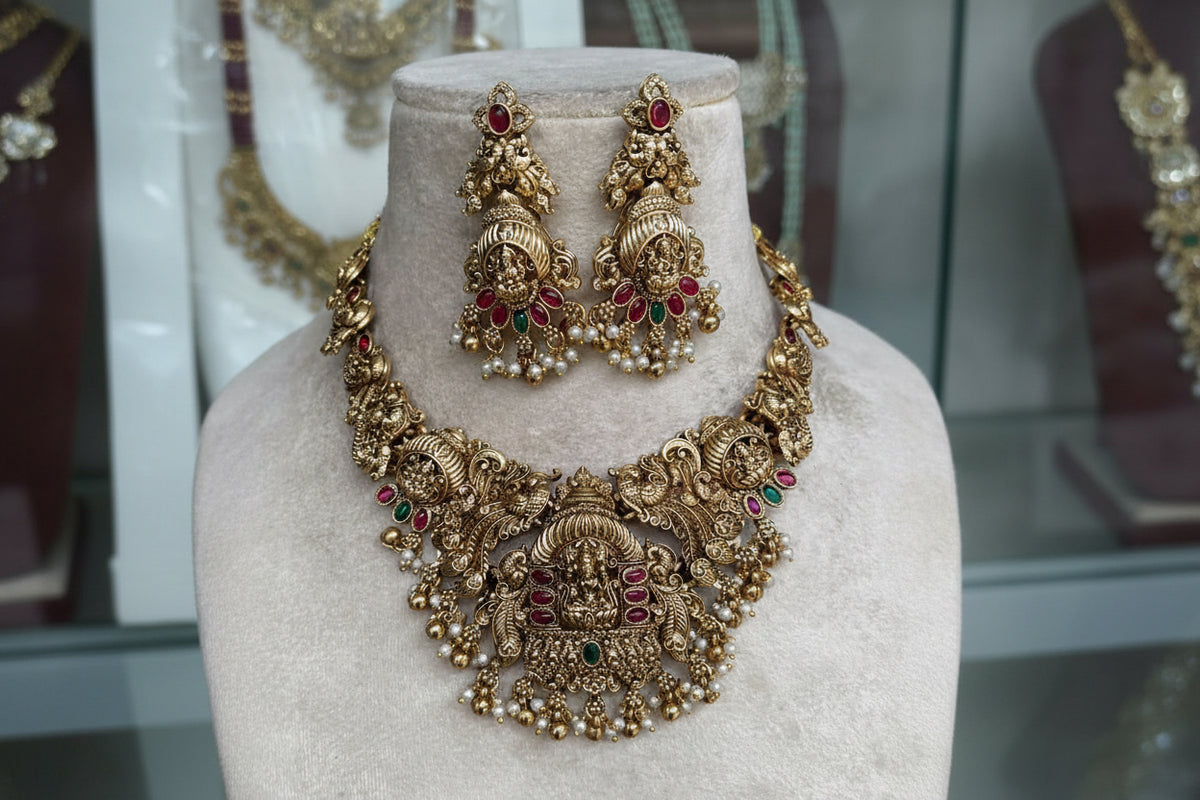 Traditional Design Bridal Temple Jewelry Matte Choker Necklace Set With Earrings - Gold or Green Beads