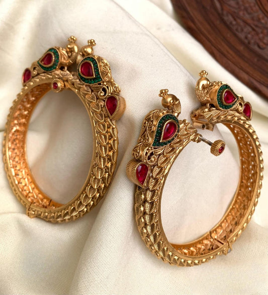 Traditional Matte Finish AD Stone Openable Kada Bracelets-Peacock Motif
