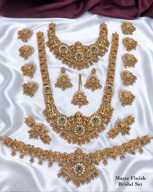 Traditional  Matte Finish Bridal Set With Green Stone & Pearl Drops - Lakshmi Motif