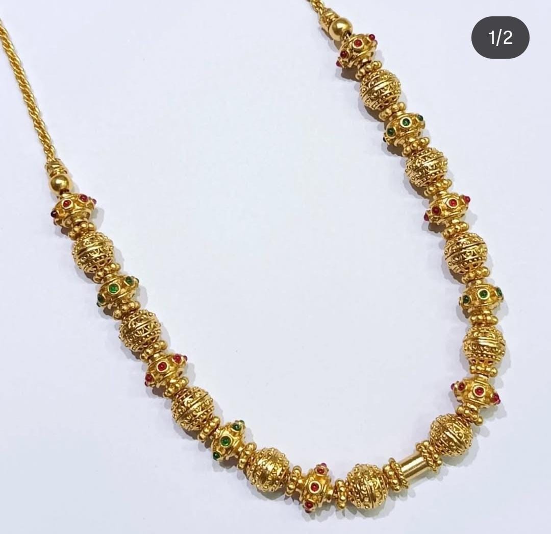 Traditional Matte Gold  Finish Nakshi Ball Beaded Necklace Set -Red & Green
