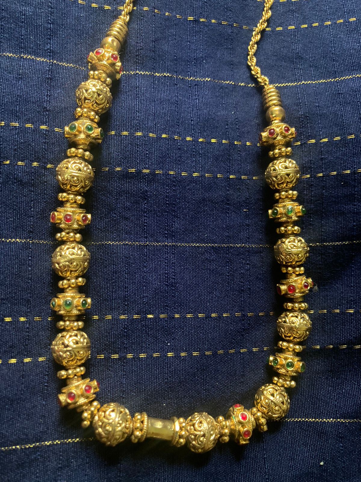 Traditional Matte Gold  Finish Nakshi Ball Beaded Necklace Set -Red & Green