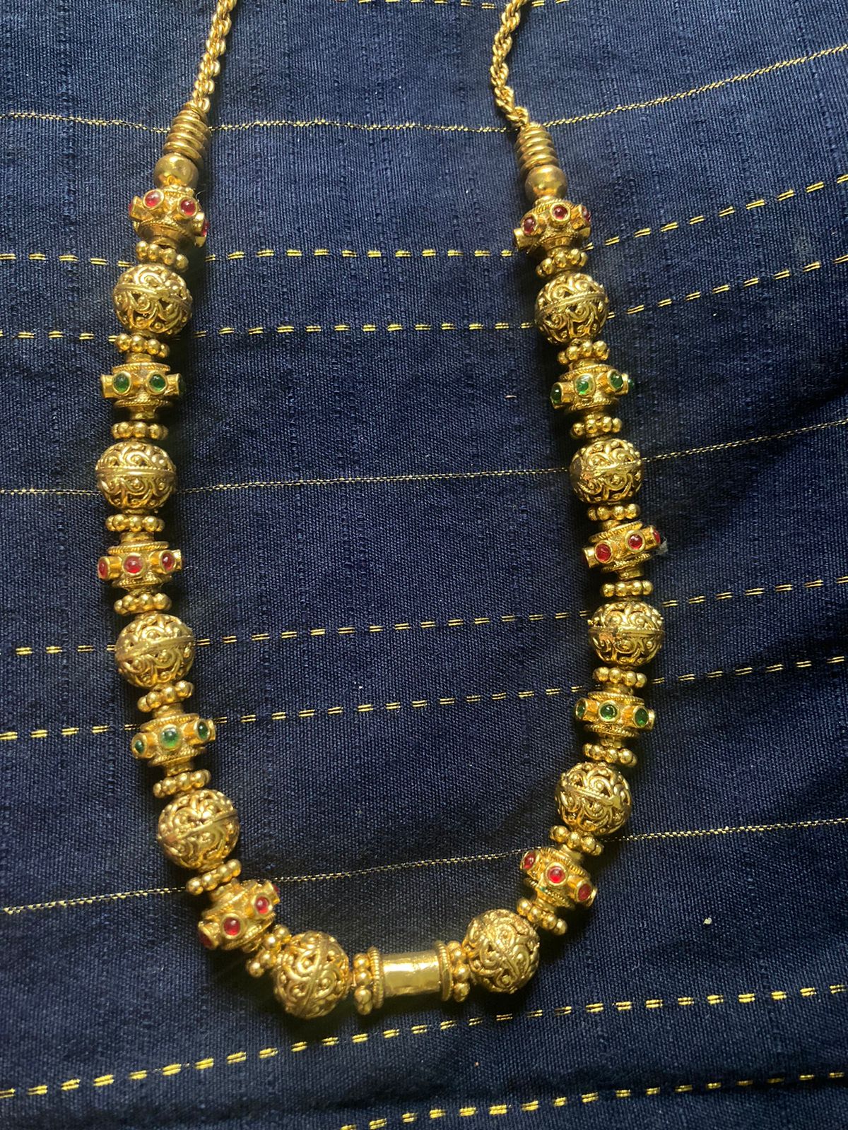 Traditional Matte Gold  Finish Nakshi Ball Beaded Necklace Set -Red & Green