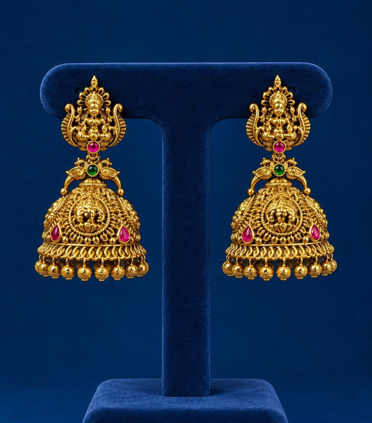Traditional  Premium Antique Matte Finish Lakshmi Motif Jhumka Earrings