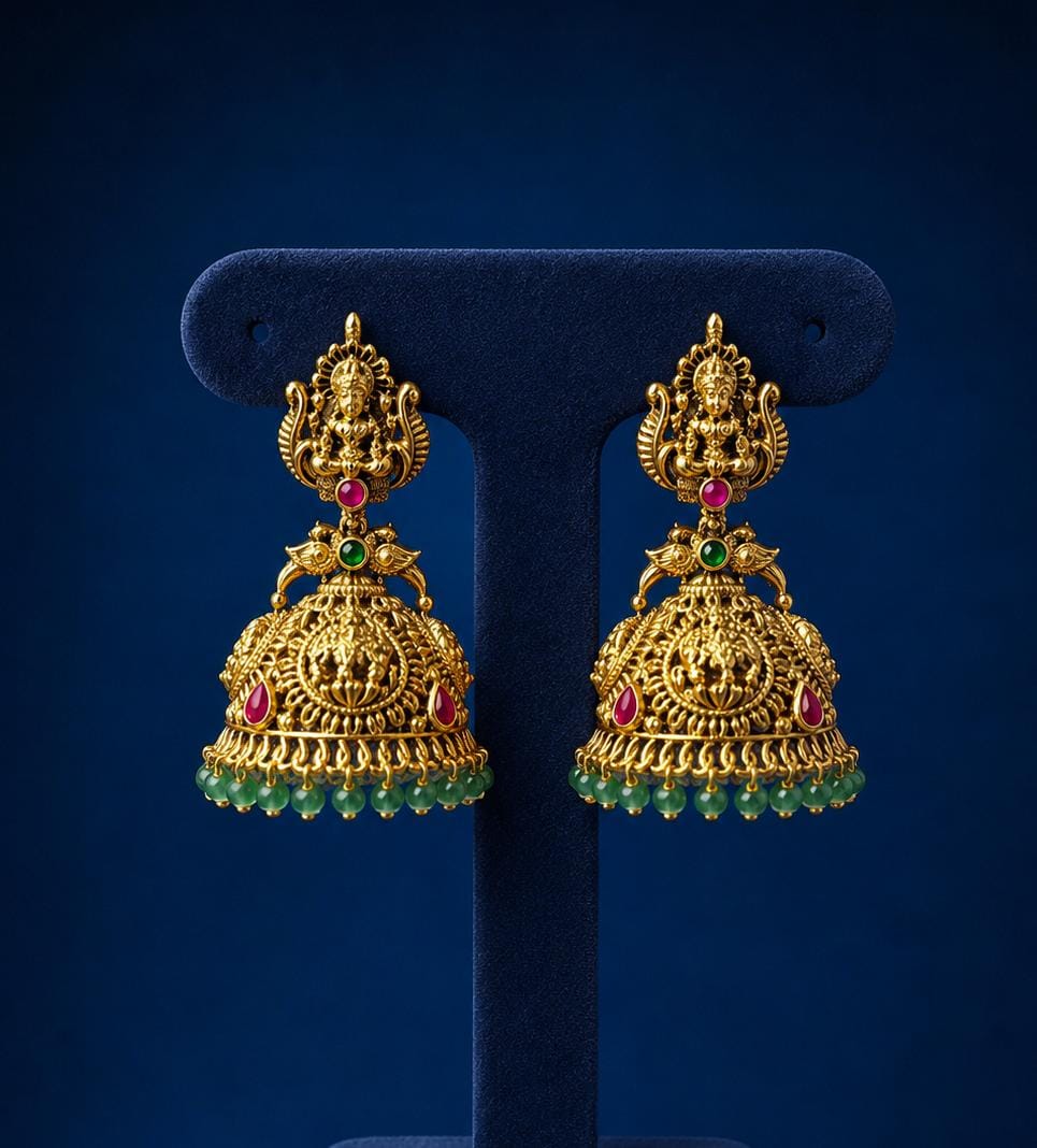 Traditional  Premium Antique Matte Finish Lakshmi Motif Jhumka Earrings