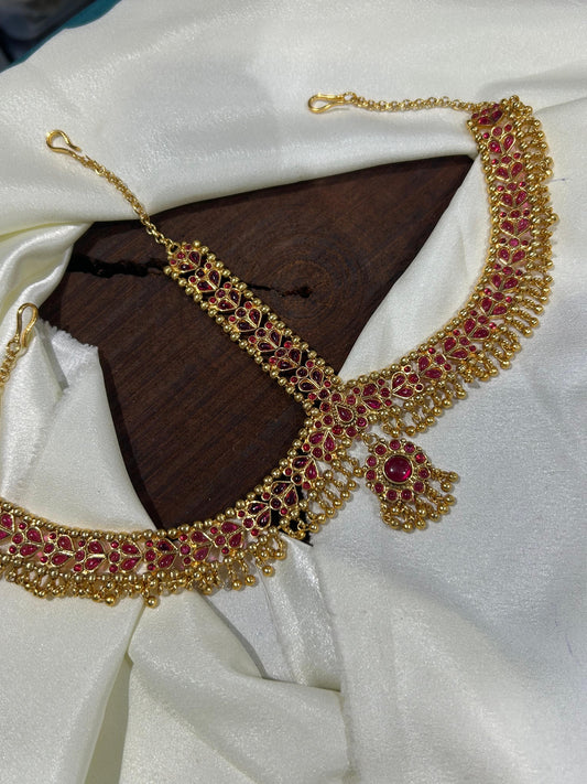 Traditional Premium Bridal Antique Kemp Stone Mathpati Tikkas - Red - 1 Piece