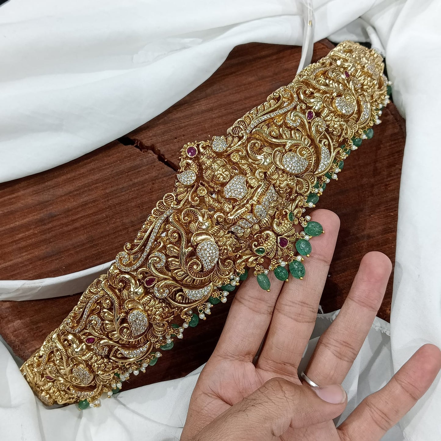 Traditional Premium Matte finish GajaLakshmi Hipbelt with Green Monalisa Beads- Temple Jewelry
