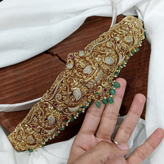 Traditional Premium Matte finish GajaLakshmi Hipbelt with Green Monalisa Beads- Temple Jewelry