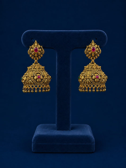 Traditional Royal South Indian Matte Antique Jhumka Earrigs - 1 Pair
