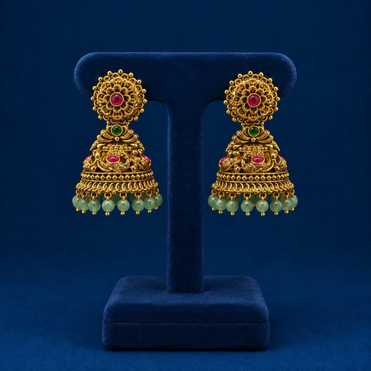 Traditional South Indian Premium Antique Matte Jhumkas Earrings With Beads