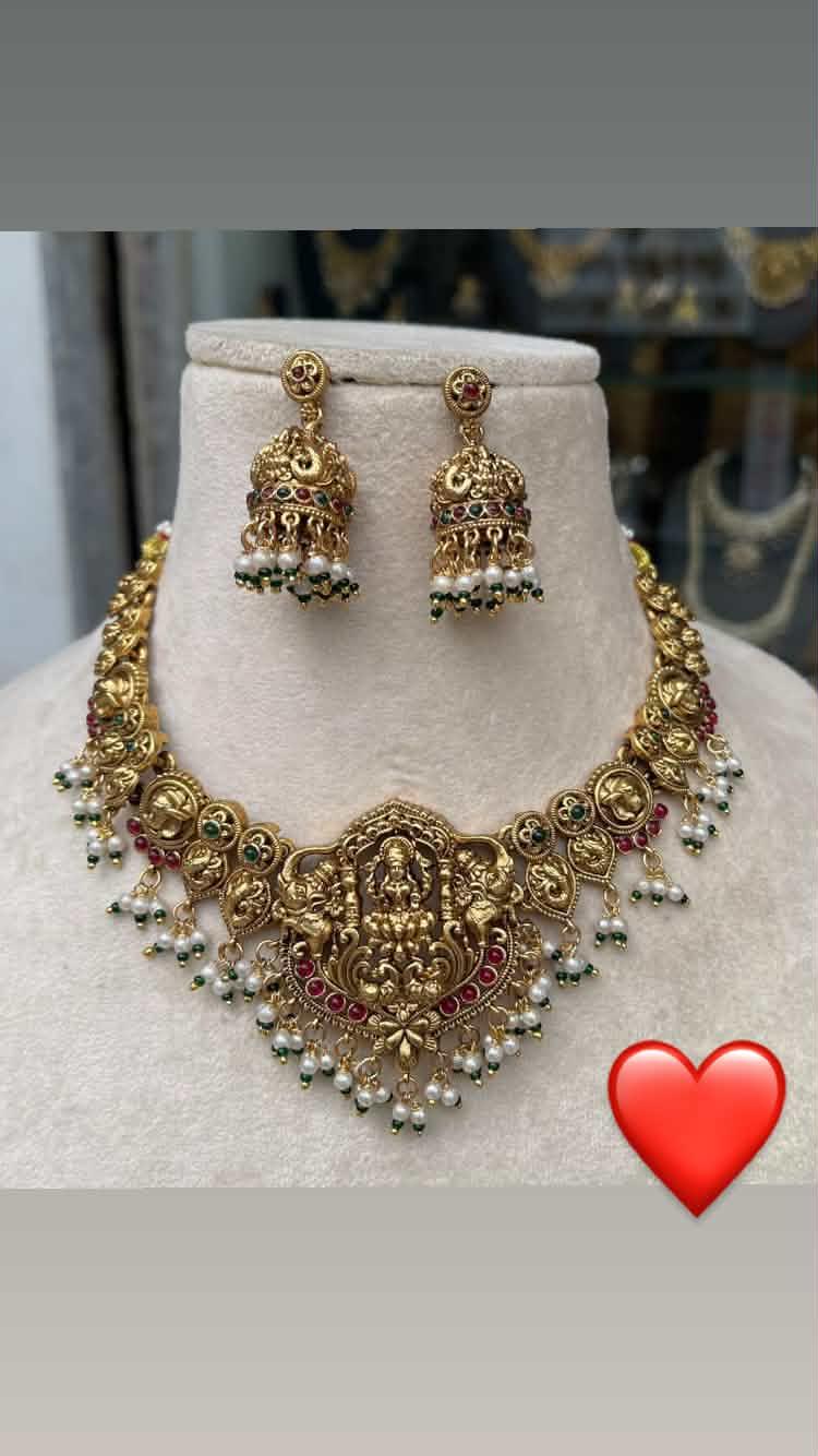 Traditional Temple Jewelry Matte Finish Lakshmi Choker Necklace Set with Jhumkas