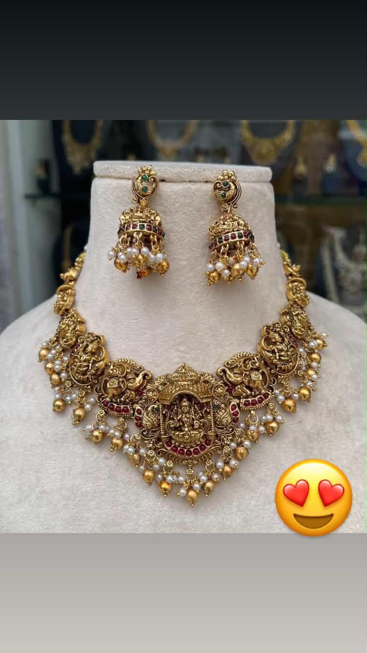 Traditional Temple Jewelry Matte Finish Lakshmi Choker Necklace Set with Jhumkas