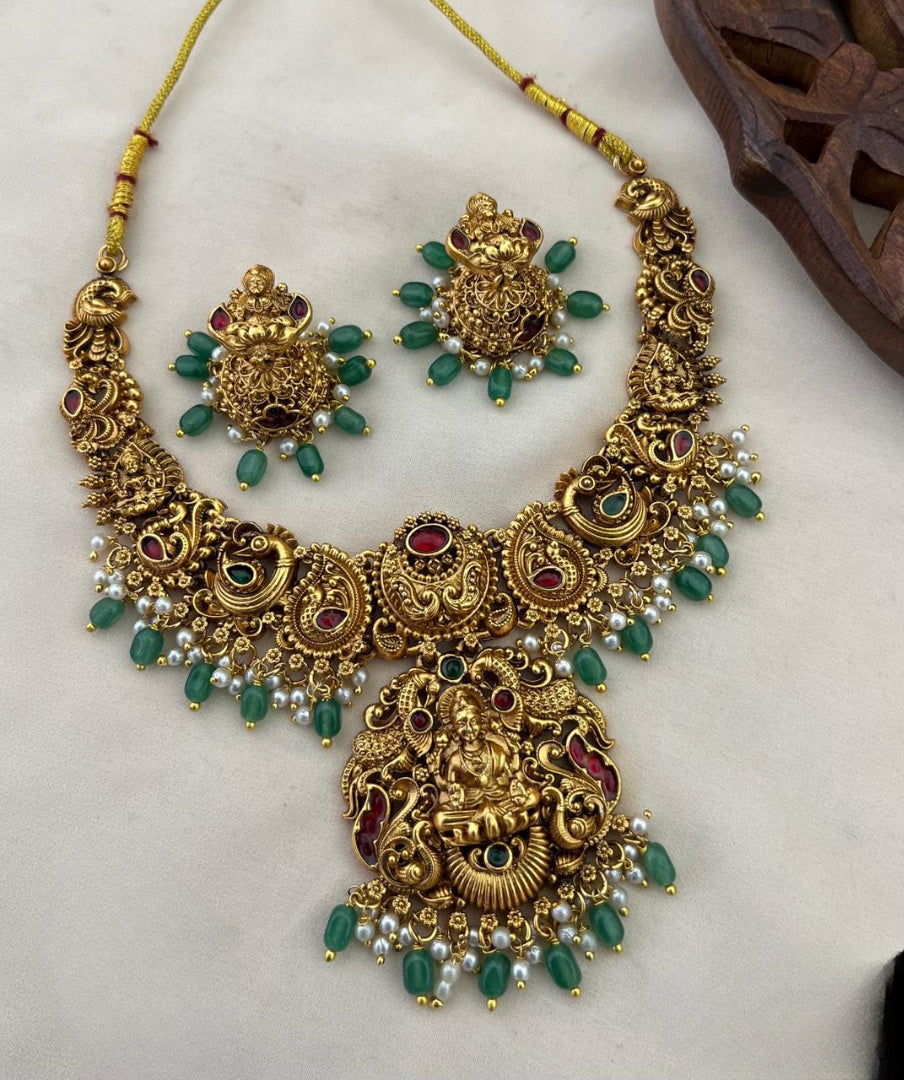Traditional Temple Lakshmi Antique Finish Necklace Set With Earrings - Green Beads