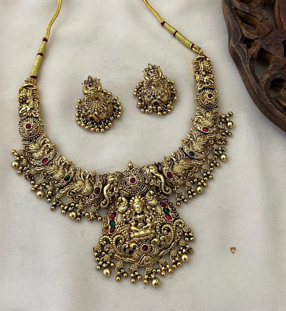 Traditional Temple Matte Necklace Set With Earrings - Gold Beads