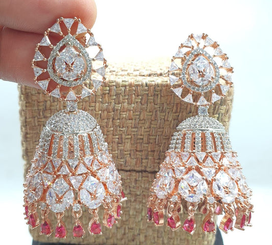 Trending Premium CZ Stone Jhumkas Earrings - Rose Gold