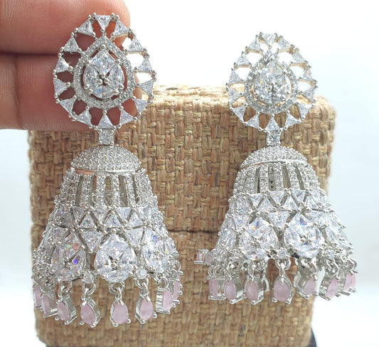 Trending Premium CZ Stone Jhumkas Earrings - Silver Finish