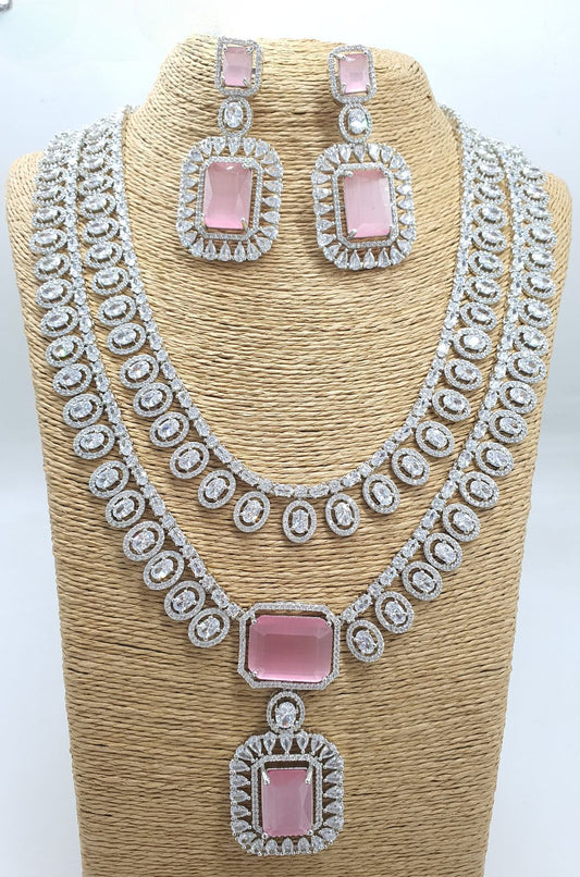 Trending Silver Finish CZ Stone Necklace Set With Cute Earrings