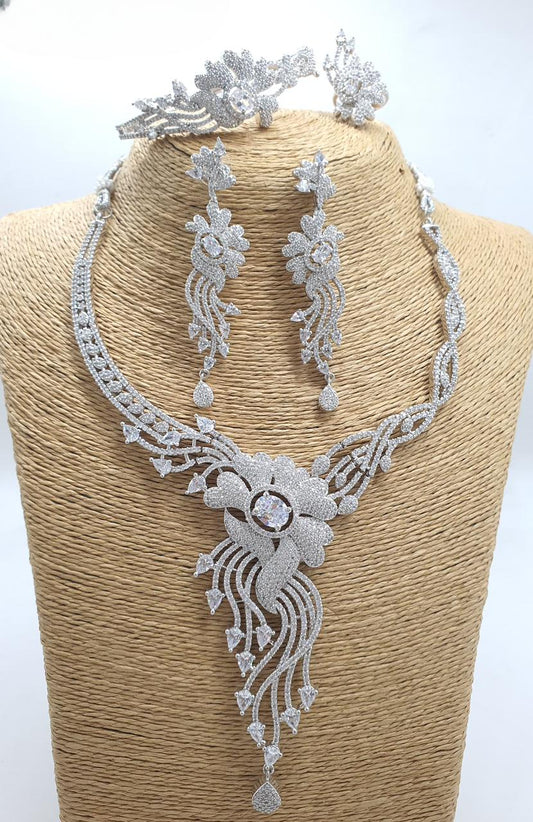 Trendy AD Stone Silver Necklace Set with Earrings,Bracelet and Ring