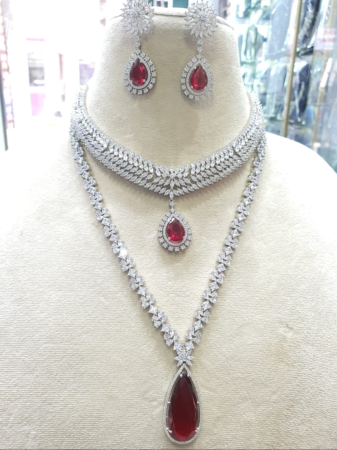 Trendy Design AD Stone Silver Finish Long And Short Necklace Set With Earrings
