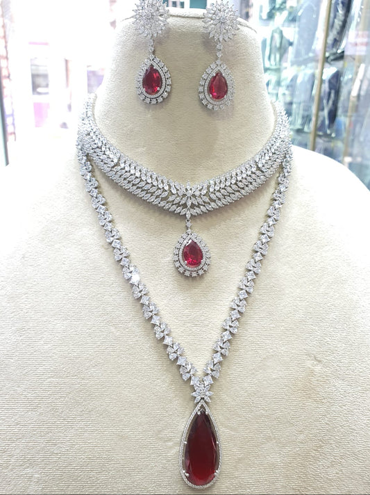 Trendy Design AD Stone Silver Finish Long And Short Necklace Set With Earrings