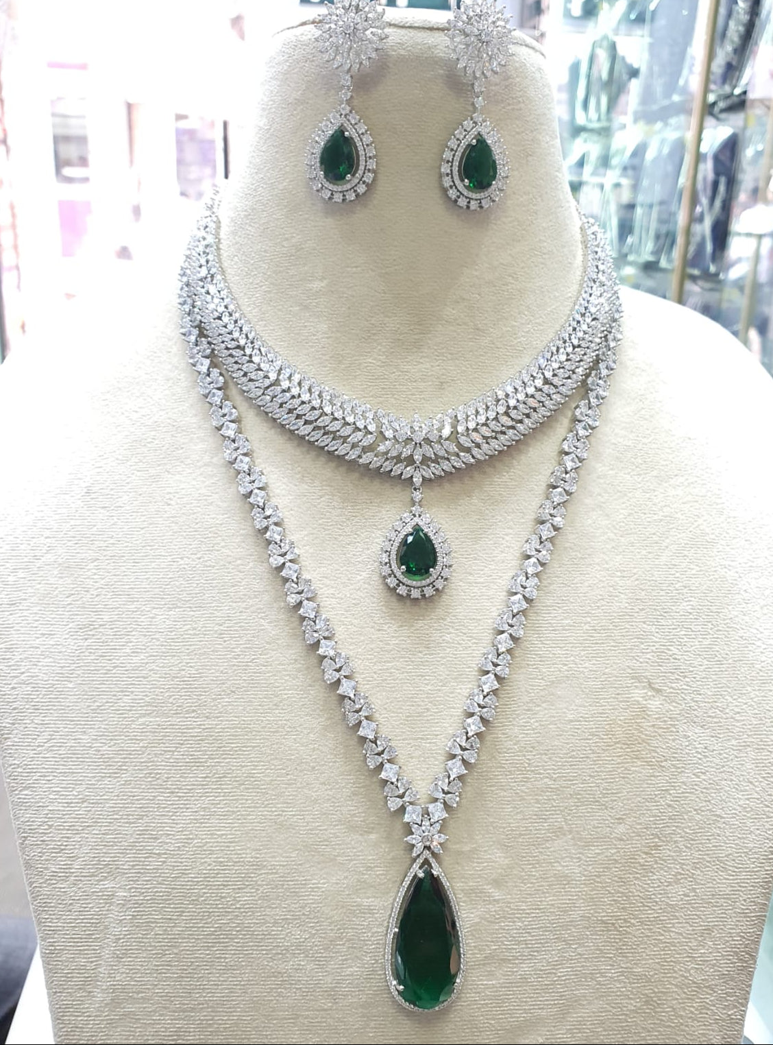 Trendy Design AD Stone Silver Finish Long And Short Necklace Set With Earrings